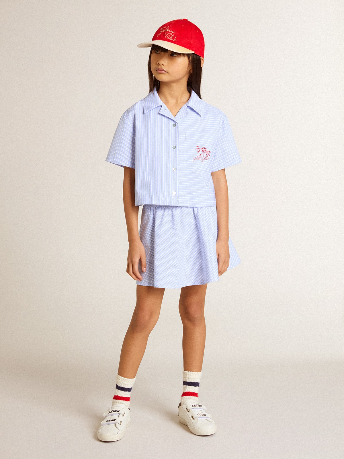 Golden Goose - Girls' cropped shirt in striped light blue cotton in 