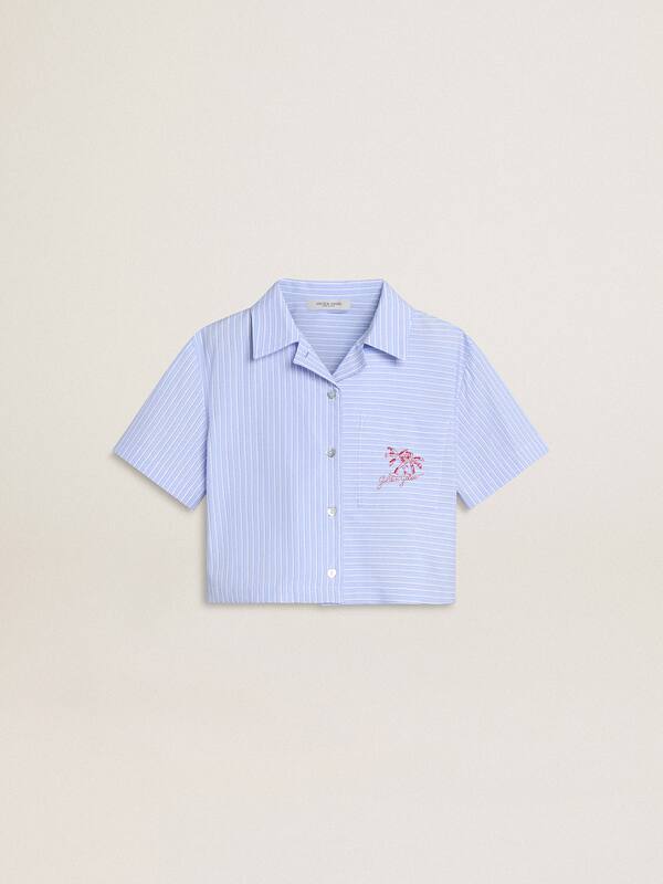 Golden Goose - Girls' cropped shirt in striped light blue cotton in 