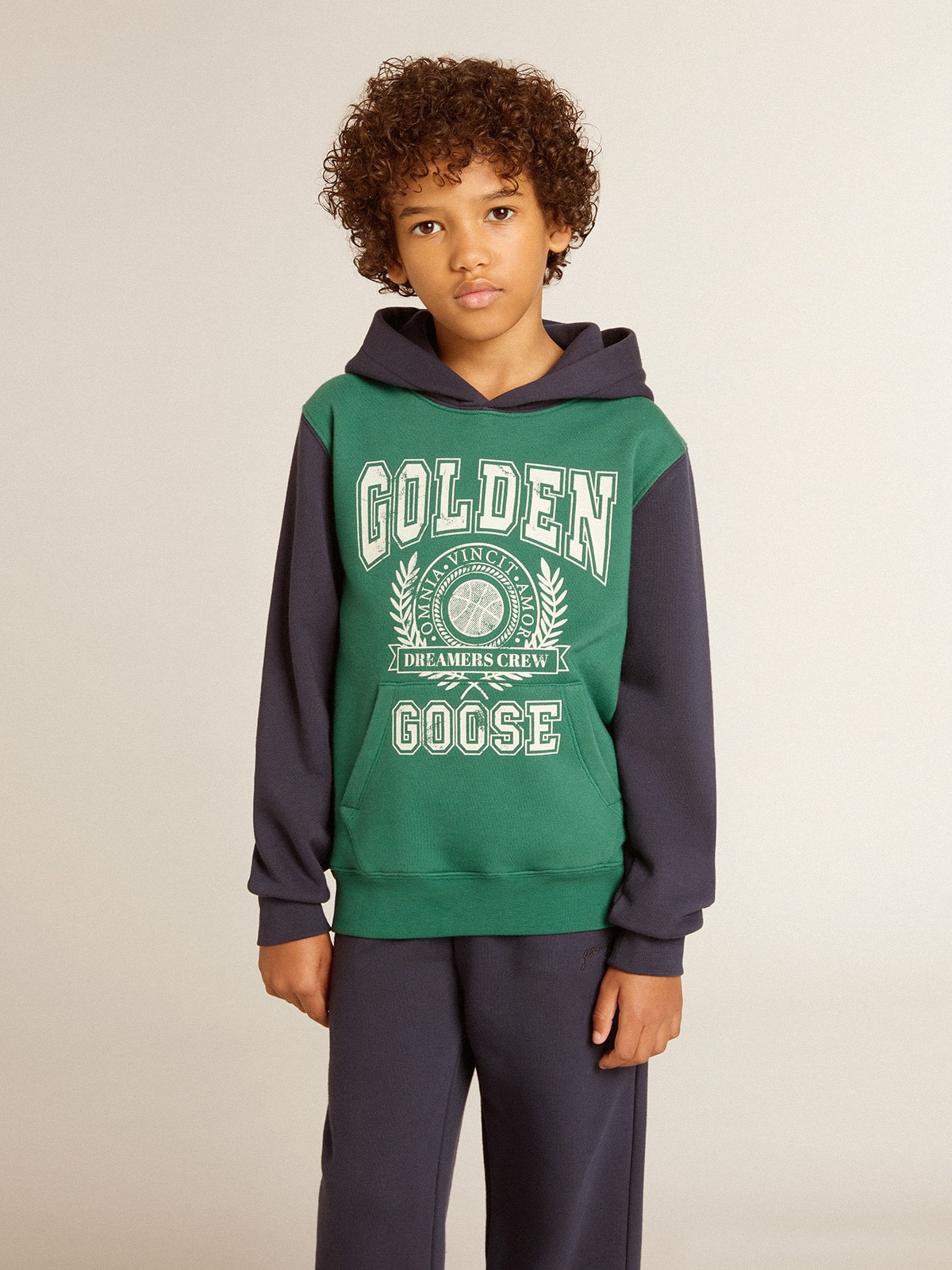 Golden Goose - Boys' green and blue sweatshirt with hood and print in 