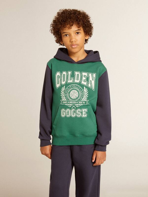 Golden Goose - Boys' green and blue sweatshirt with hood and print in 