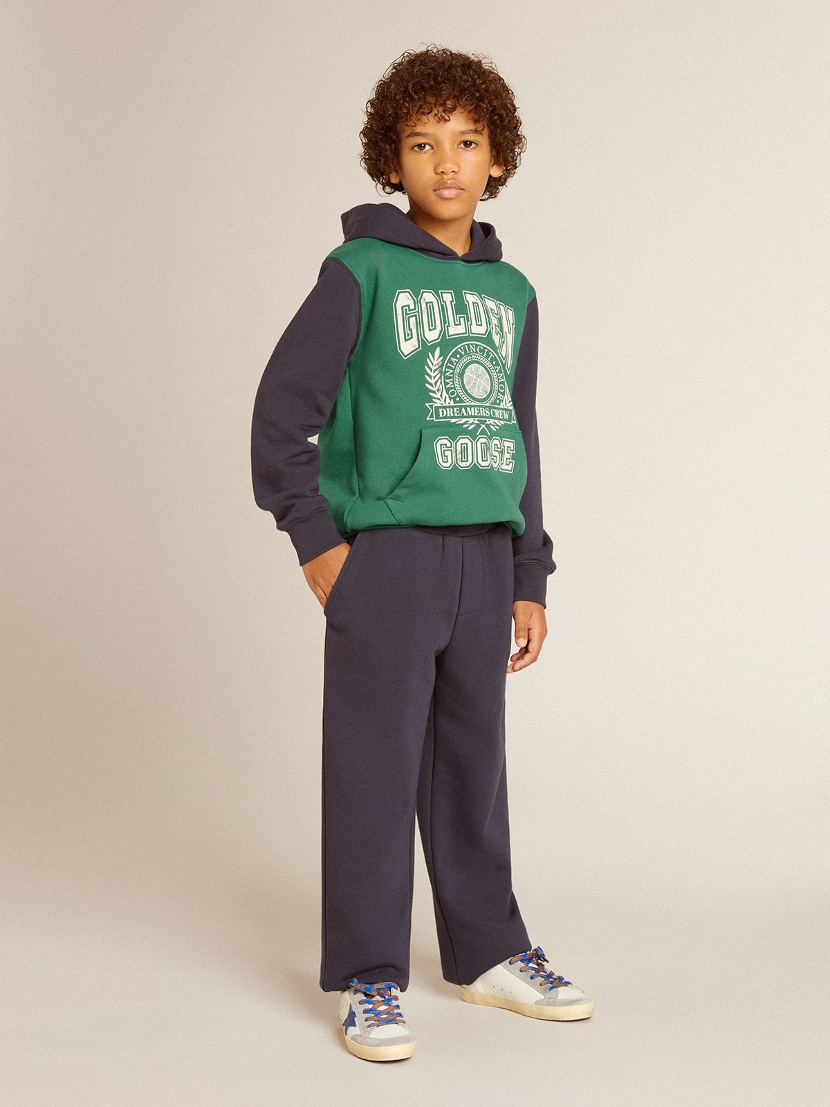 Golden Goose - Boys' green and blue sweatshirt with hood and print in 