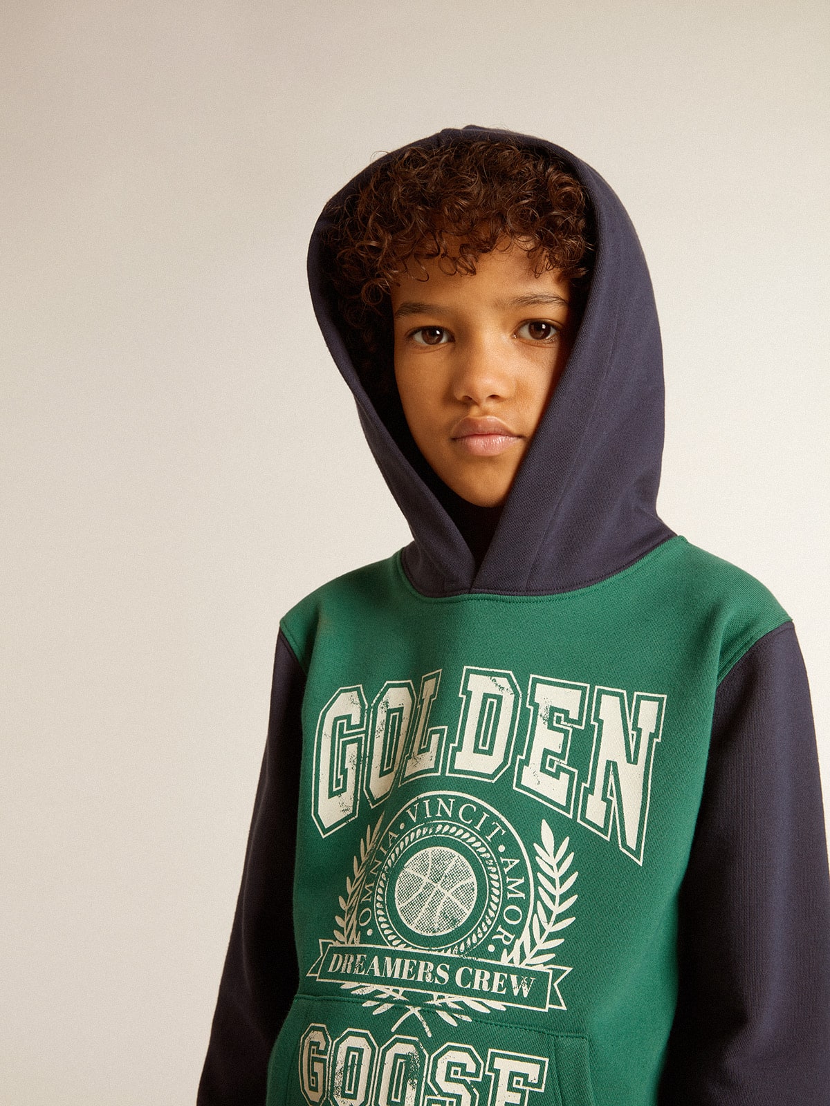 Boys' green and blue sweatshirt with hood and print | Golden
