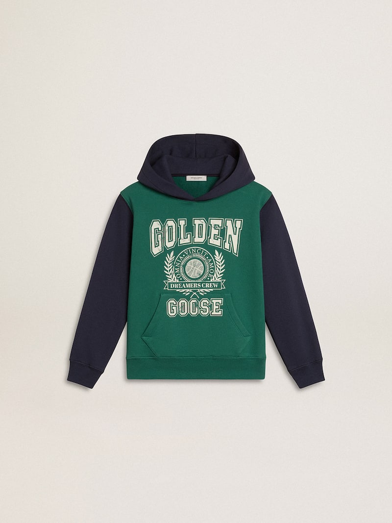 Sudadera verde y azul de niño con capucha y estampado 