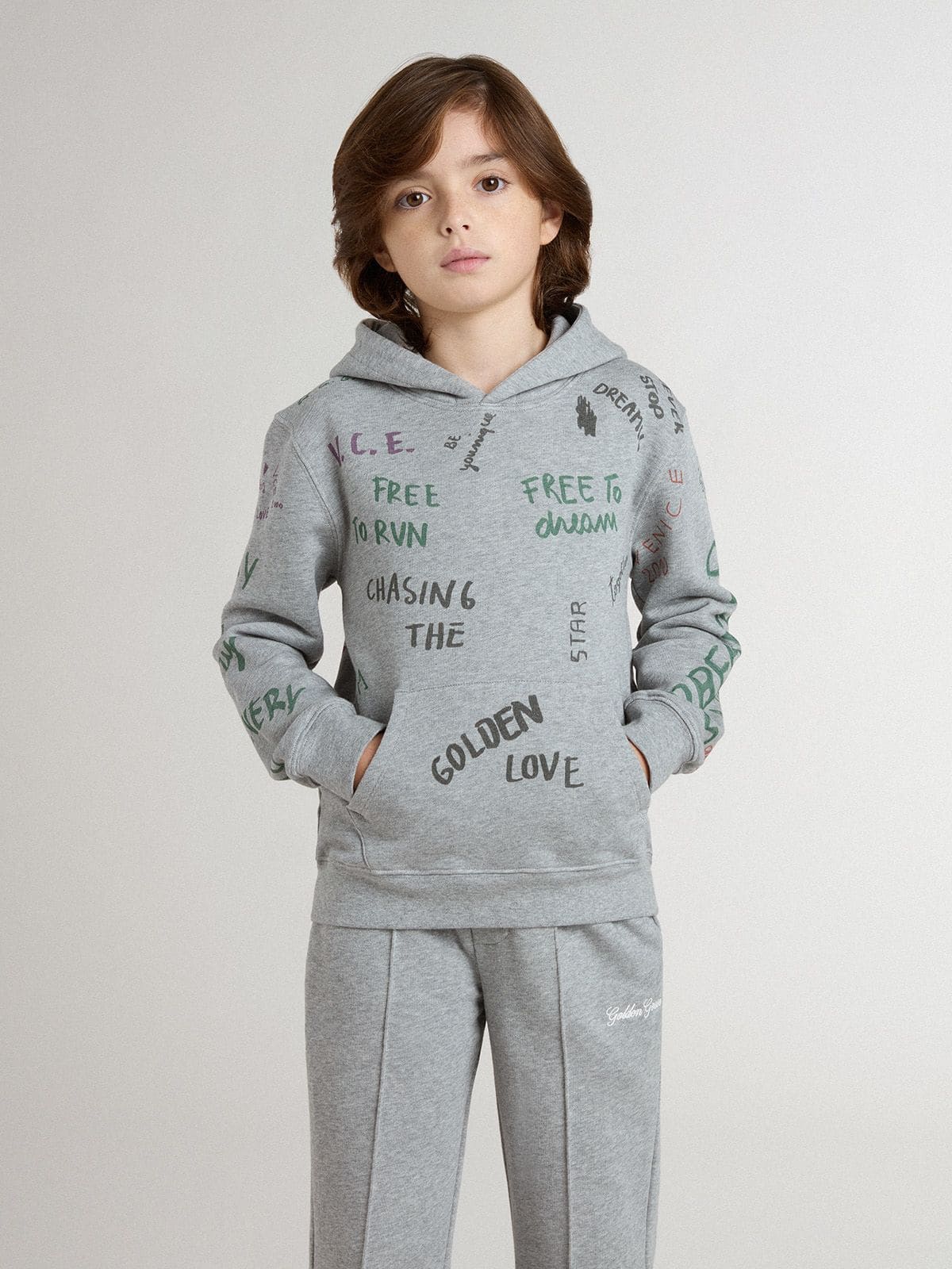 Golden Goose - Graues Kindersweatshirt mit mehrfarbigen Printschriftzügen in 