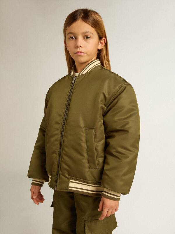 Golden Goose - Kids military-green nylon bomber jacket with lettering on the back in 