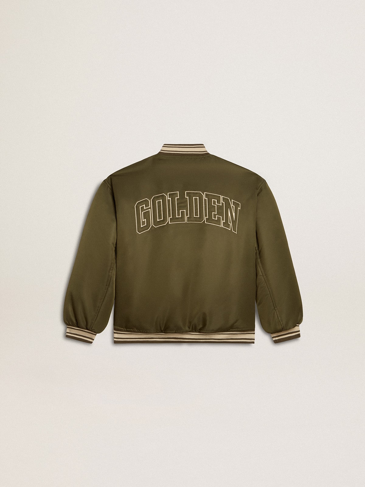 Golden Goose - Giacca bomber Kids in nylon color verde militare e scritta sul retro in 