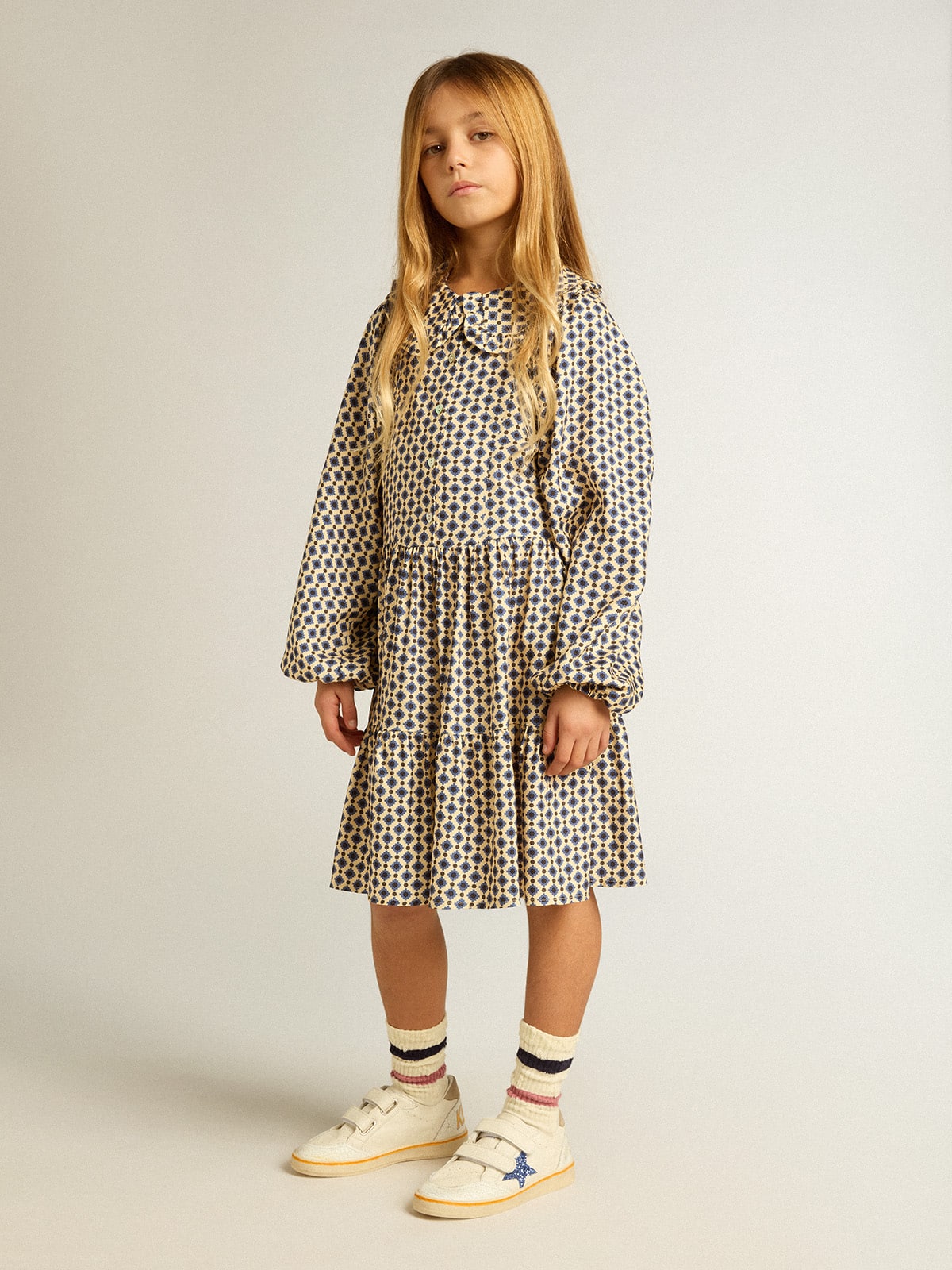 Girls' dress with geometric print and removable collar