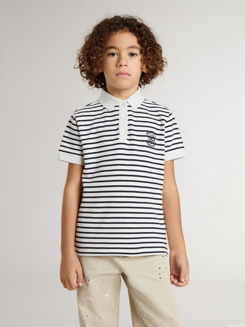 Golden Goose - Boys' white cotton polo with navy blue stripes and embroidery in 
