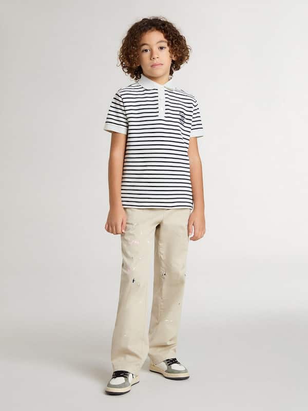 Golden Goose -  Boys' white cotton polo with navy blue stripes and embroidery in 