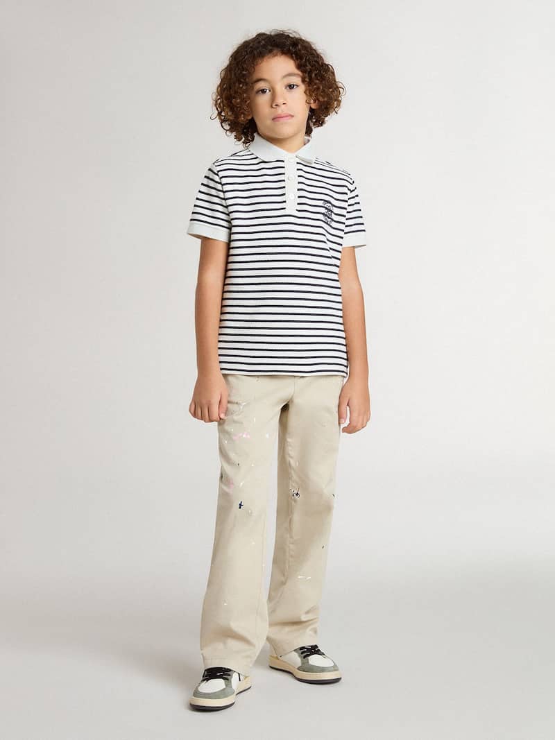 Golden Goose - Boys' white cotton polo with navy blue stripes and embroidery in 