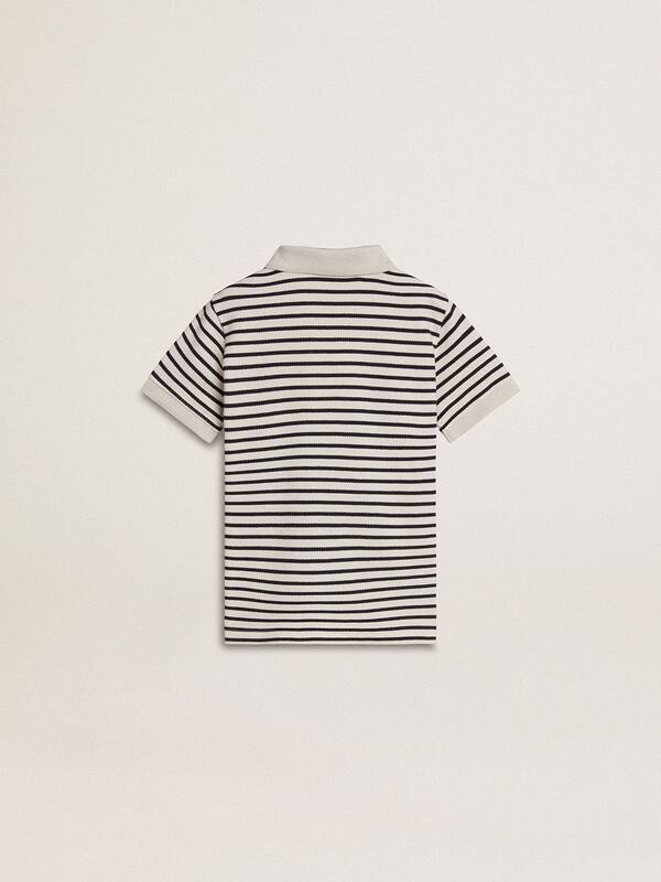 Golden Goose -  Boys' white cotton polo with navy blue stripes and embroidery in 