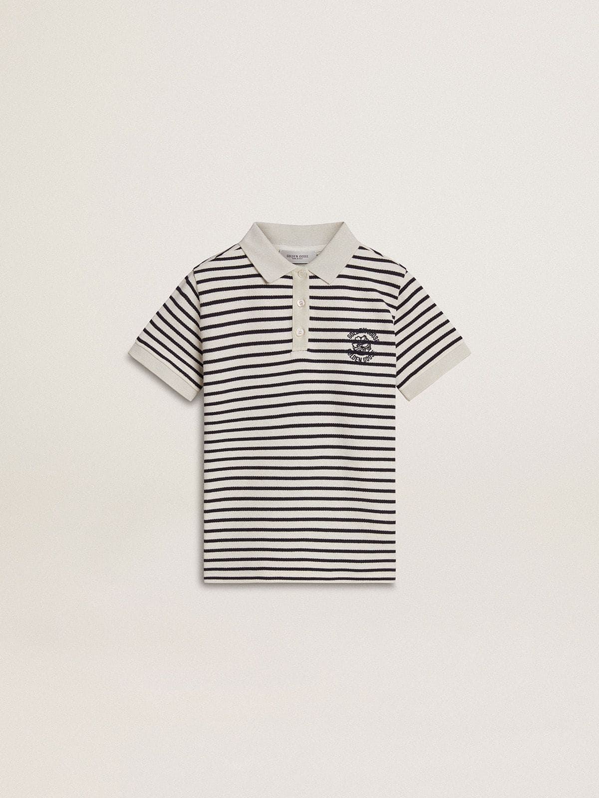 Golden Goose -  Boys' white cotton polo with navy blue stripes and embroidery in 