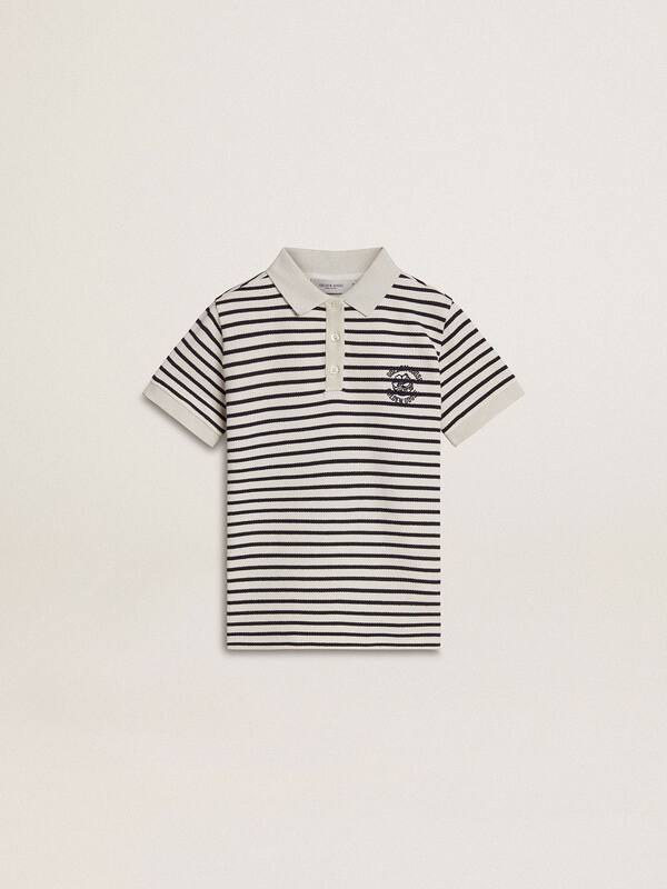 Golden Goose -  Boys' white cotton polo with navy blue stripes and embroidery in 