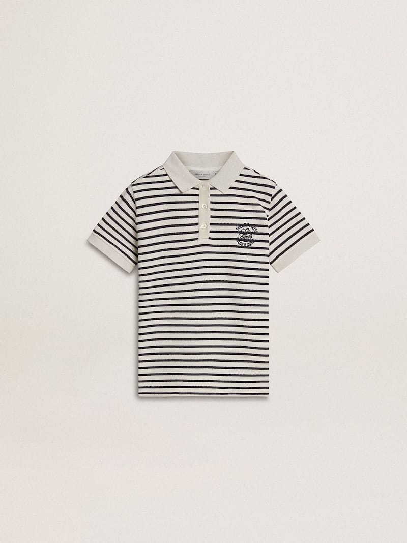 Polo da bambino in cotone bianca con strisce blu navy e ricamo