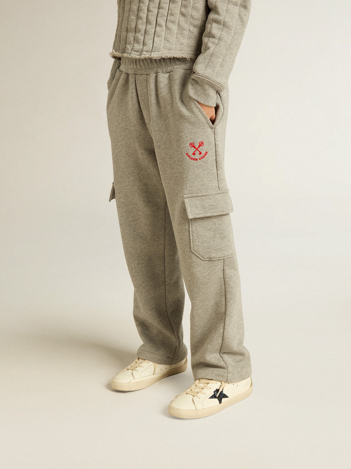 Golden Goose - Gray melange cotton cargo joggers with embroidery in 