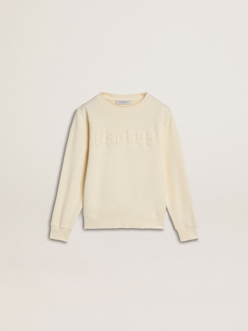 Sahneweißes Mädchensweatshirt mit Patch-Schriftzug