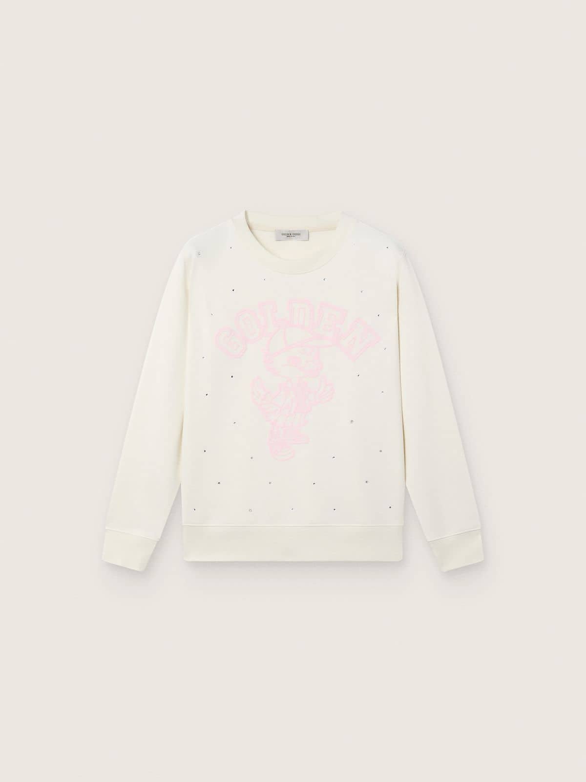 Golden Goose - Journey white cotton crew-neck sweatshirt for girls with mascot print and crystal appliqués in 