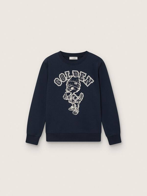 Golden Goose - Journey crew neck sweatshirt for boys in navy blue cotton with mascot print in 