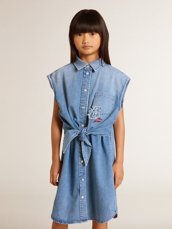 Golden Goose - Girls' denim dress with front knot and embroidery in 