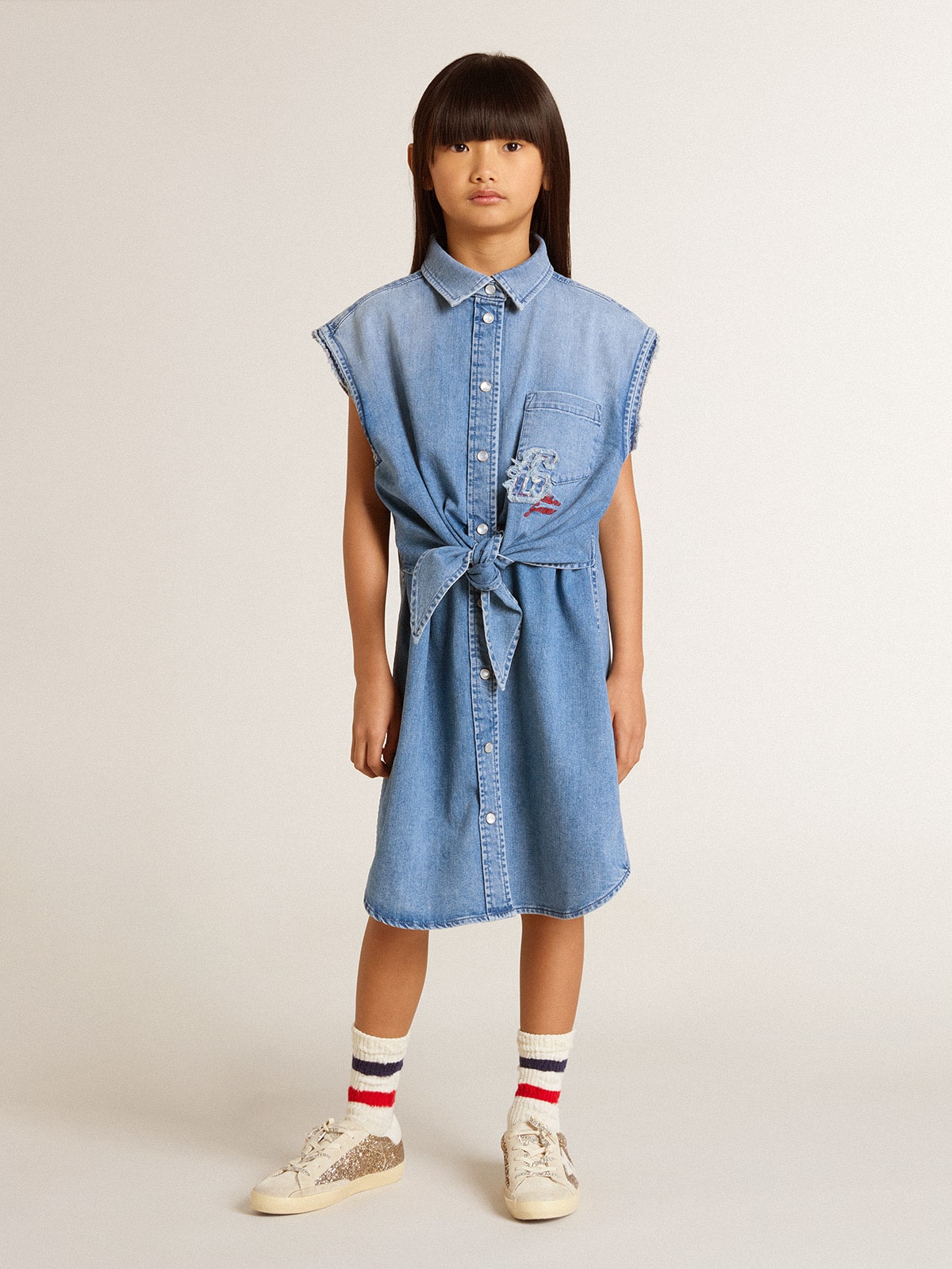 Golden Goose - Girls' denim dress with front knot and embroidery in 