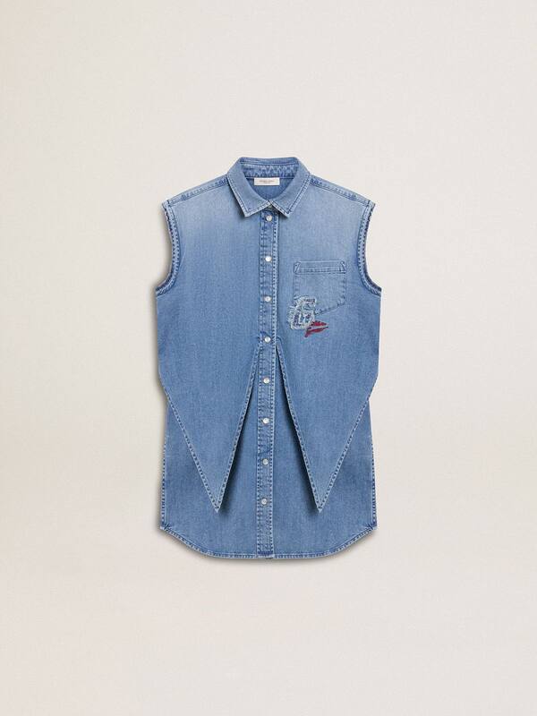 Golden Goose - Girls' denim dress with front knot and embroidery in 