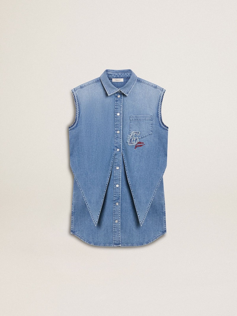 Girls' denim dress with front knot and embroidery