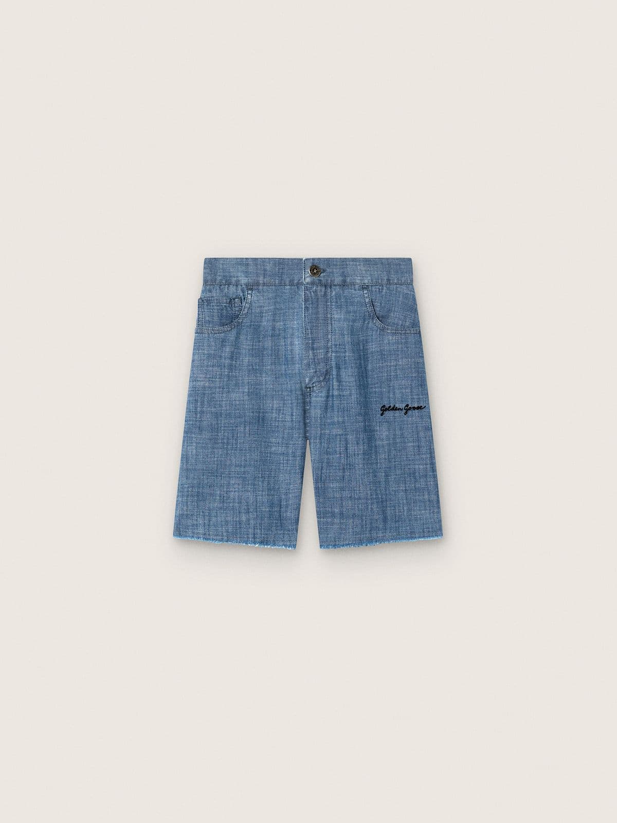 Golden Goose - Short unisexe Journey en chambray de coton bleu ciel avec logo brod&eacute; in 