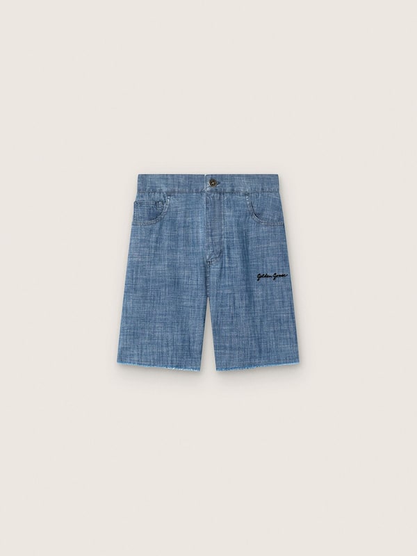 Golden Goose - Short unisexe Journey en chambray de coton bleu ciel avec logo brod&eacute; in 