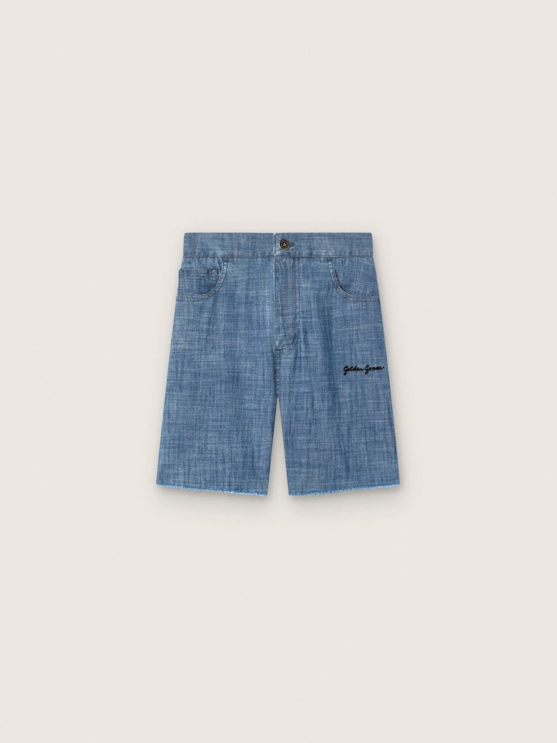 Short Unissex Journey de chambray de algod&atilde;o azul-claro com logo bordado