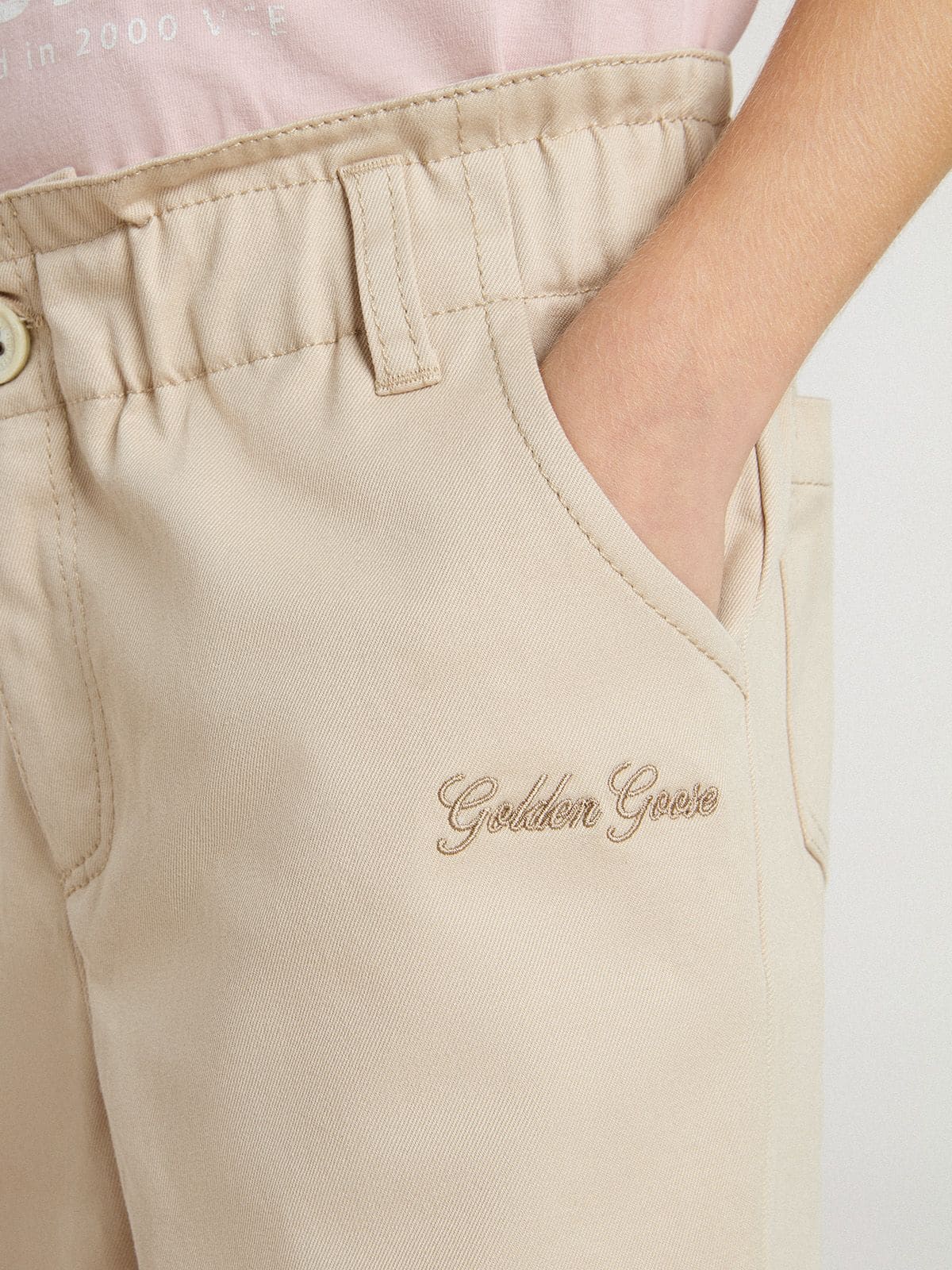 Golden Goose - Pantalón de algodón beige de niña con bordado in 