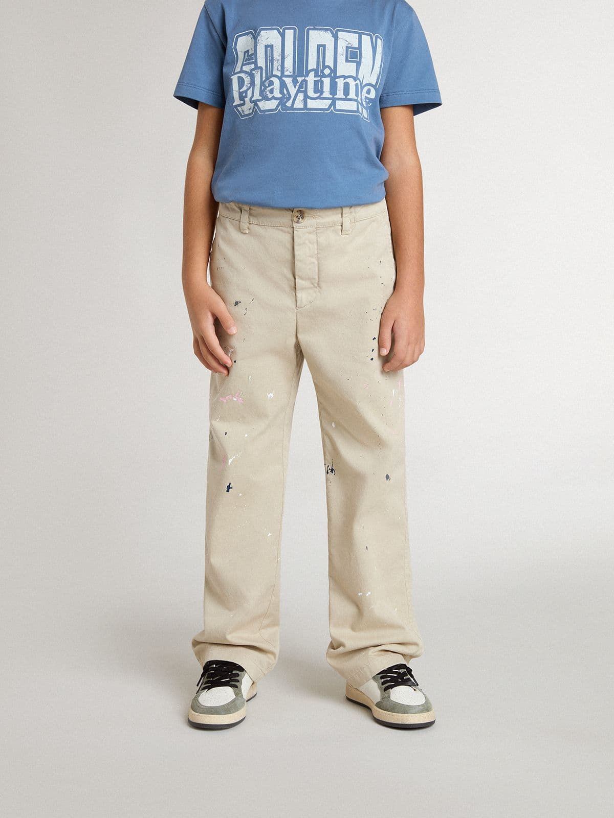 Golden Goose - Pantalón chino infantil beige con salpicaduras multicolor in 