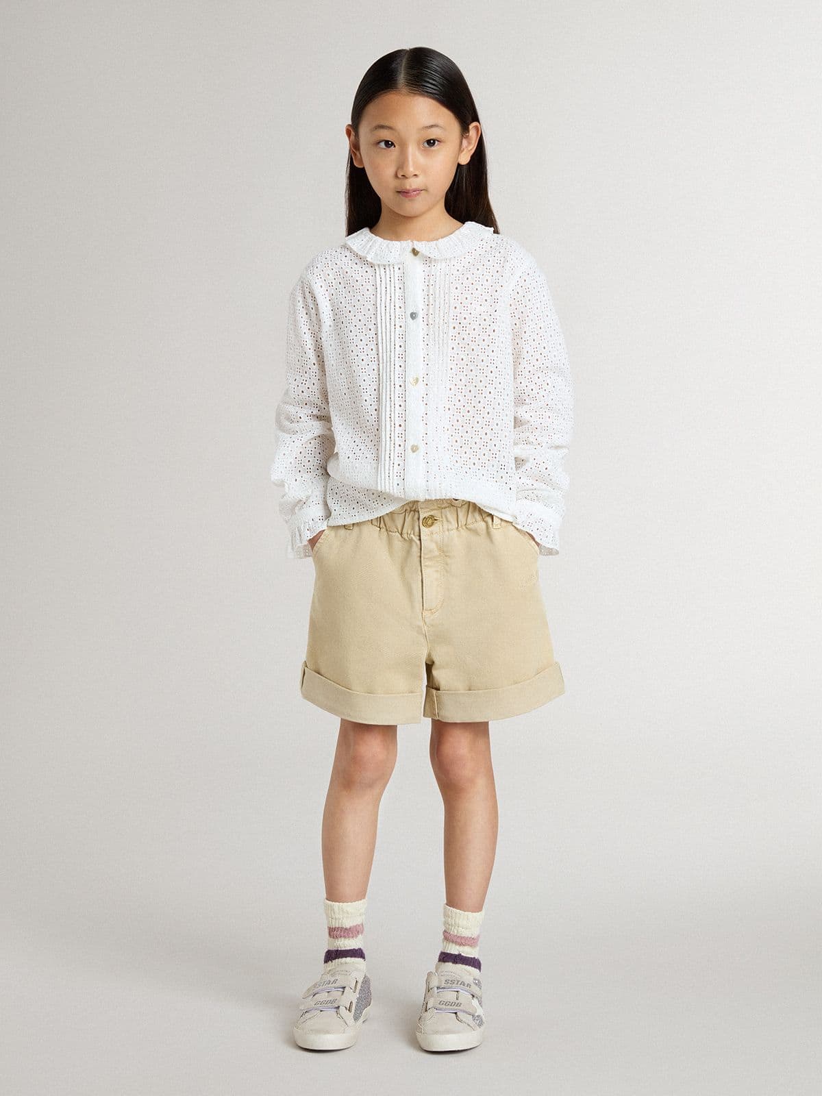 Golden Goose - Camicia da bambina in cotone sangallo bianco in 