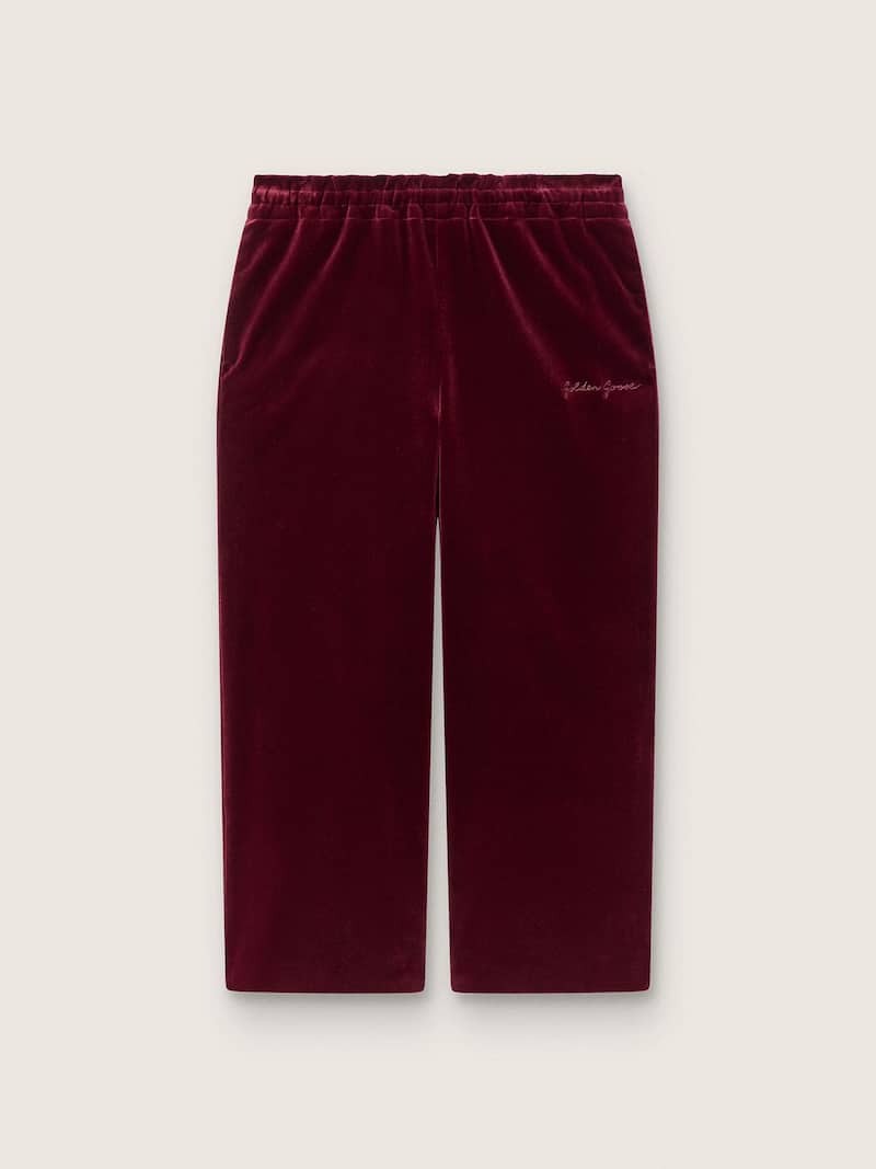 Pantalón para niña de efecto terciopelo burdeos y bolsillo trasero