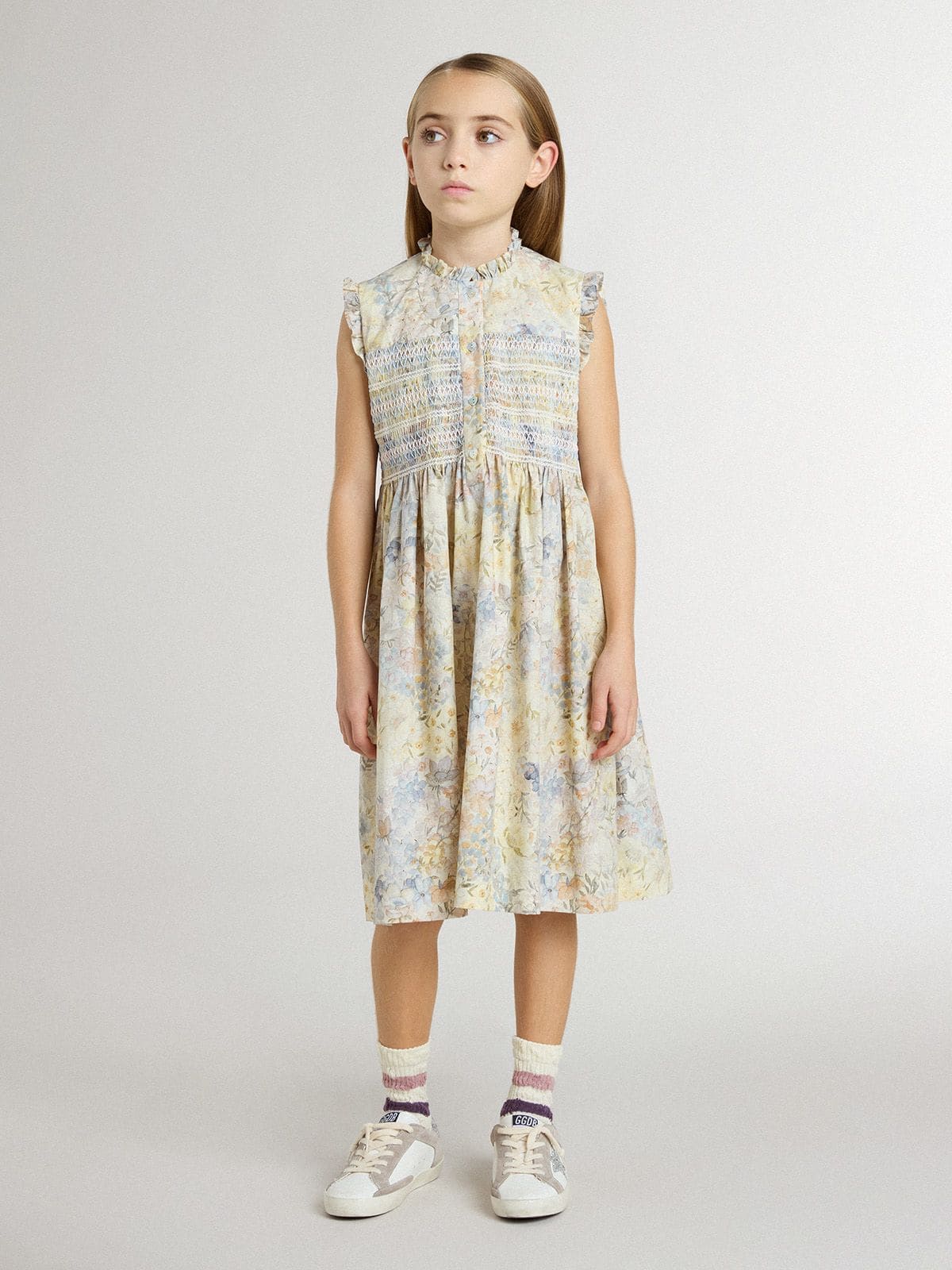 Golden Goose - Mädchen-Midikleid aus Baumwolle mit mehrfarbigem Blumenprint  in 