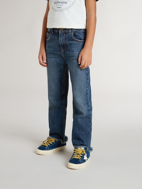 Golden Goose - Boys' denim jeans with a raw edge and embroidery in 