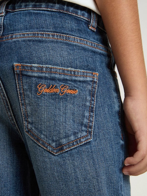 Golden Goose - Boys' denim jeans with a raw edge and embroidery in 