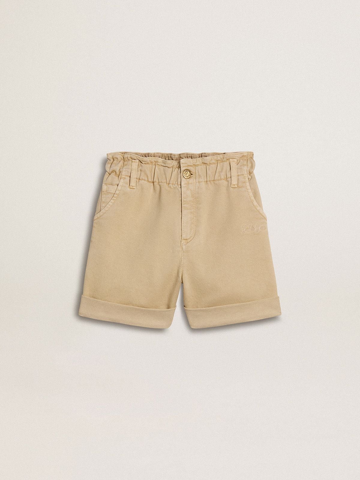 Golden Goose - Shorts da bambina color sabbia con logo ricamato in 