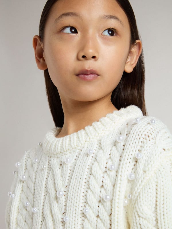 Golden Goose - Girls' white wool sweater with pearls in 