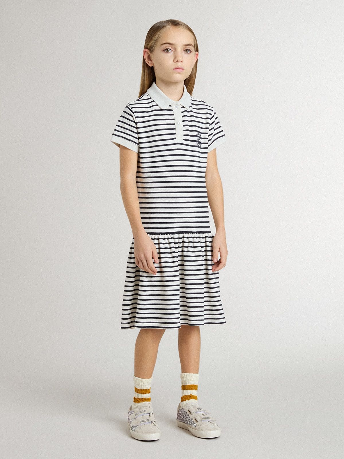 Golden Goose - Robe midi pour fille en coton mélangé à rayures avec broderie in 