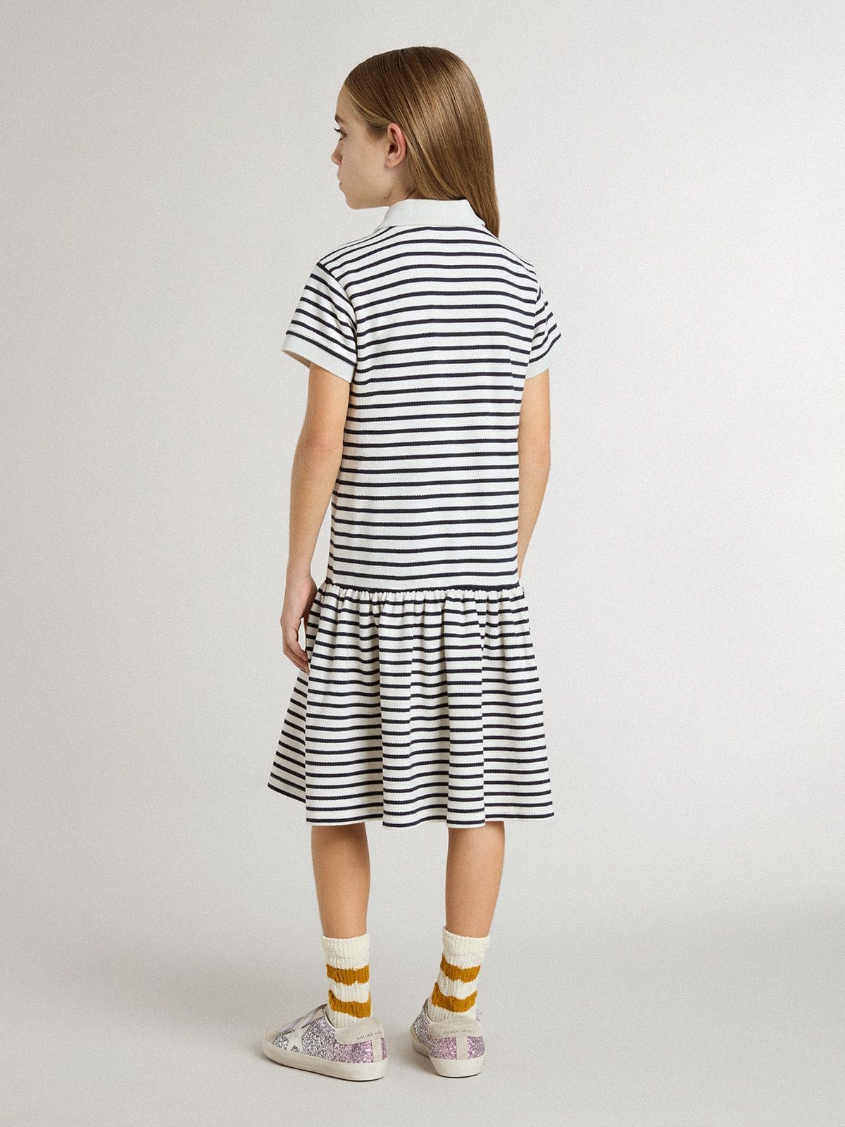 Golden Goose - Robe midi pour fille en coton mélangé à rayures avec broderie in 