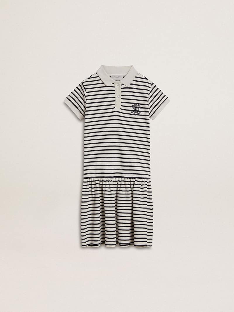 Girls' midi dress in striped cotton blend with embroidery