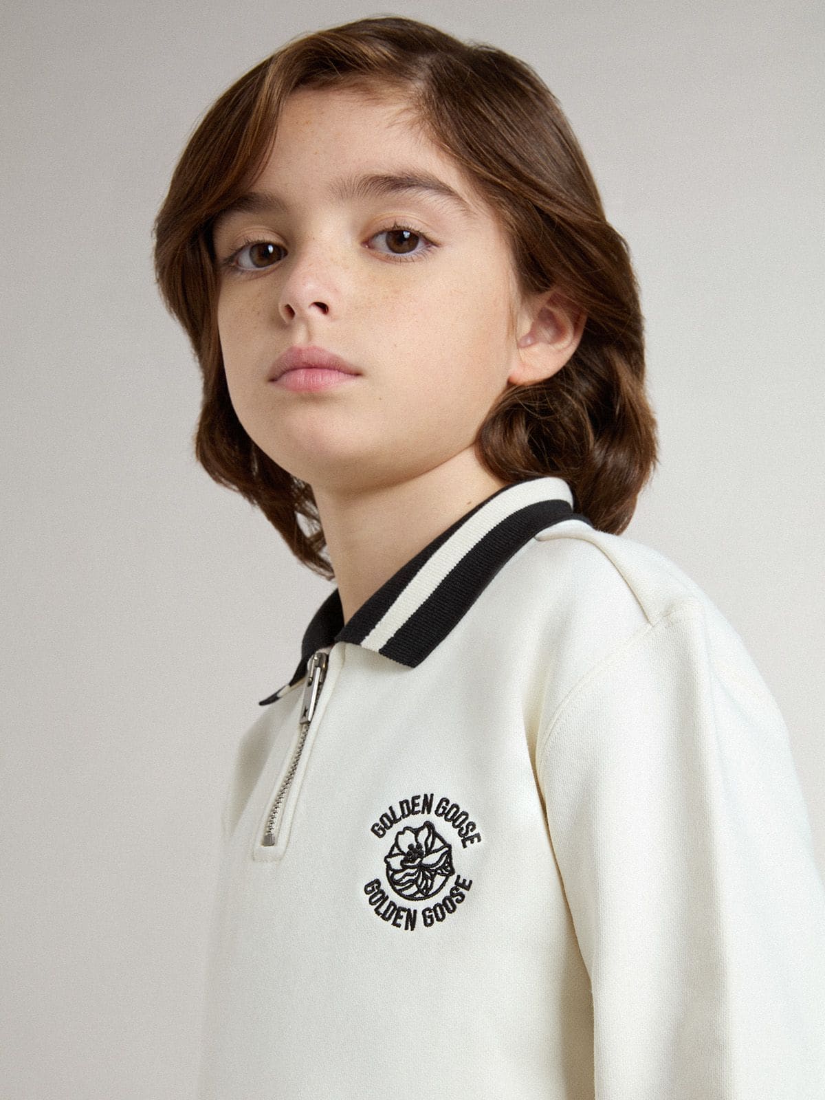 Golden Goose - Kids white cotton polo sweatshirt with embroidery on the chest and print on the back in 