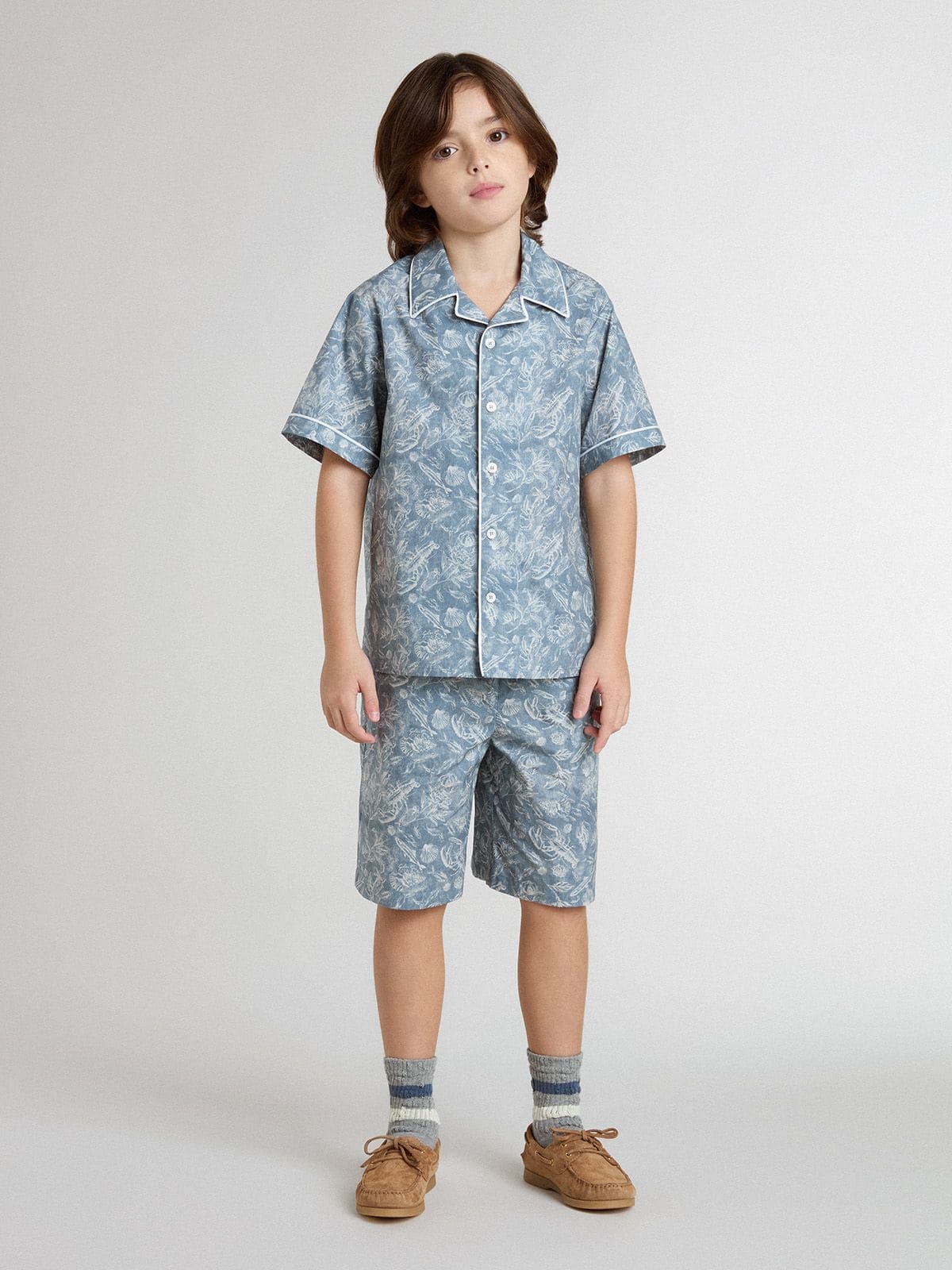 Golden Goose - Blaues Kinderhemd mit weißem Print  in 