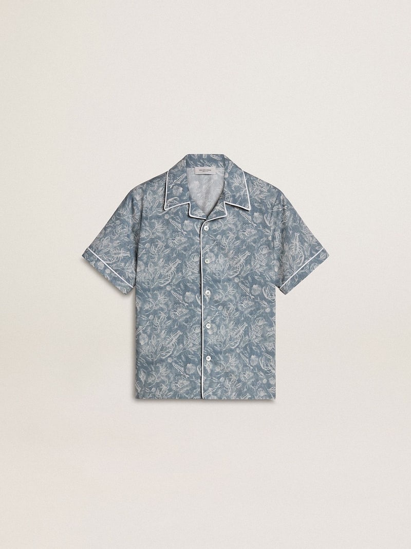 Camisa infantil masculina azul com estampa branca 