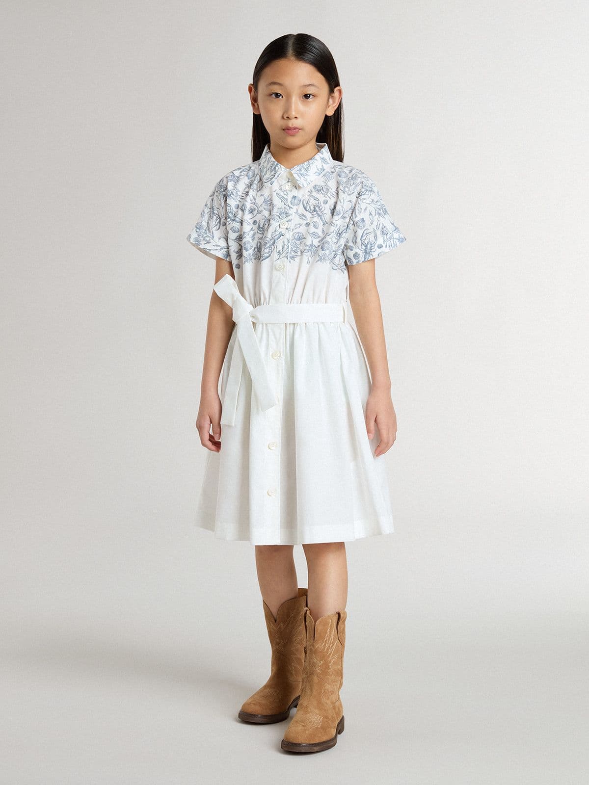 Golden Goose - Abito chemisier da Bambina in canvas di cotone bianco con stampa marina blu e piping bianco in 