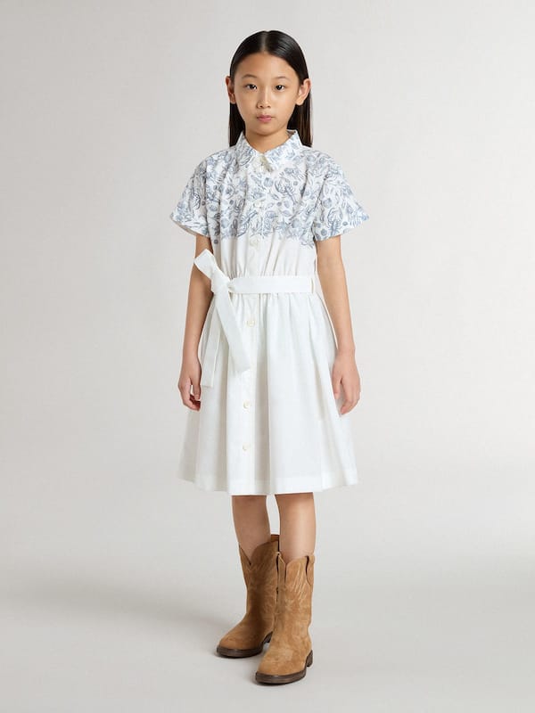 Golden Goose - Girls’ shirt dress in white cotton canvas with a blue nautical print and white piping in 