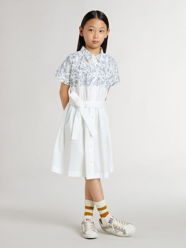 Golden Goose - Girls’ shirt dress in white cotton canvas with a blue nautical print and white piping in 