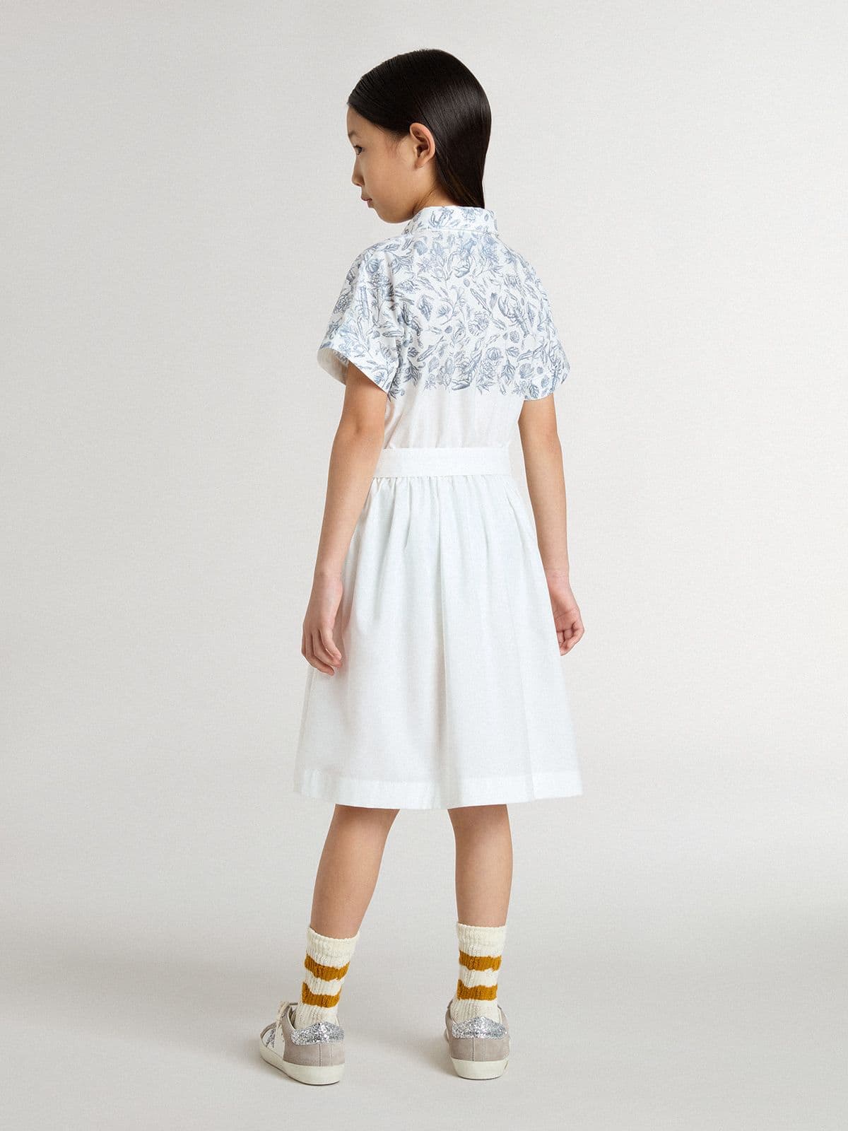 Golden Goose - Abito chemisier da Bambina in canvas di cotone bianco con stampa marina blu e piping bianco in 