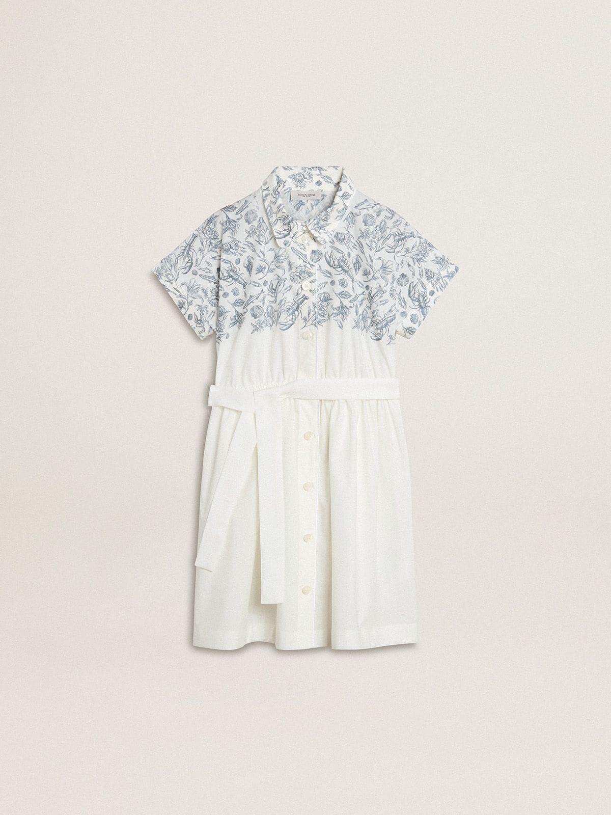 Golden Goose - Abito chemisier da Bambina in canvas di cotone bianco con stampa marina blu e piping bianco in 