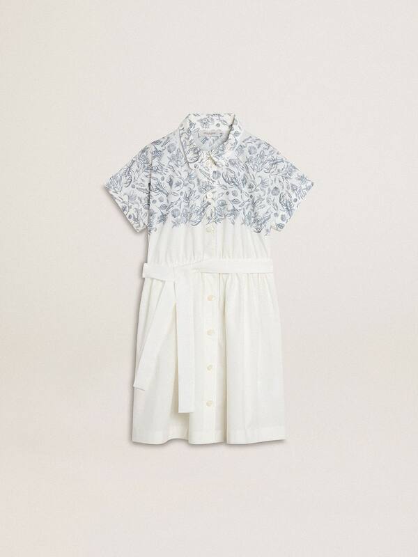 Golden Goose - Girls’ shirt dress in white cotton canvas with a blue nautical print and white piping in 